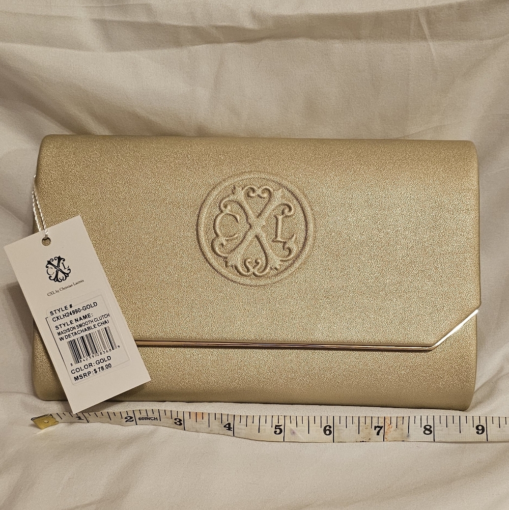 NWT Christian Lacroix Madison Smooth Clutch Detachable Chain Bag Purse GOLD